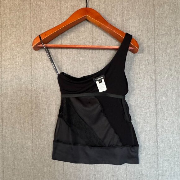 90s Vintage Bebe Black Silk Lace Mix Fabric Shelf Bra One Shoulder Blouse - Picture 8 of 11